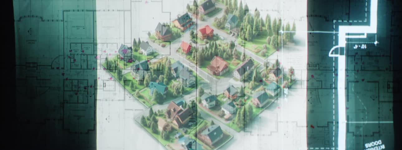 An architectural diagram of a suburban plan showing a layout of multiple residential buildings arranged in a gridlike pattern the buildings are surrounded by green spaces and clusters of trees with clearly marked roads pathways and community areas