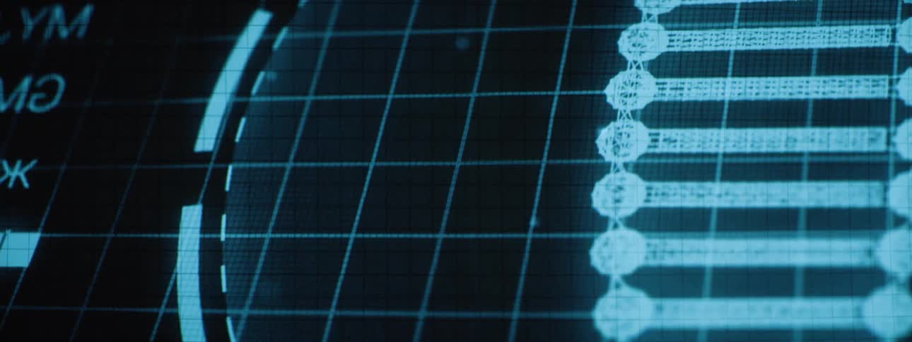 A digital interface displays a stylized dna double helix a partial globe and text in bright blue against a dark gridded background
