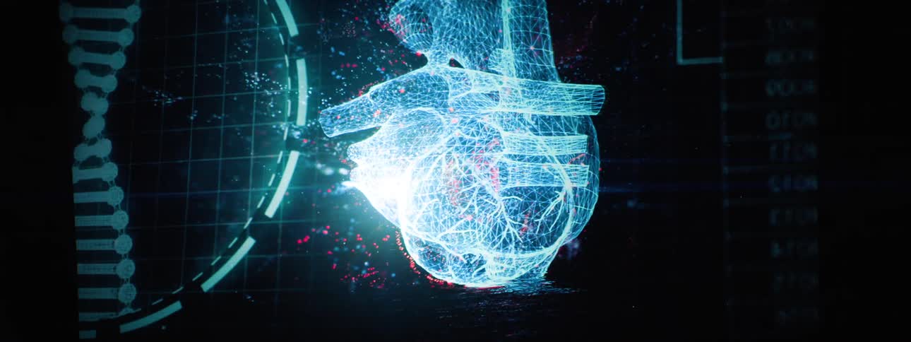Medical imaging of a hear and dna strand are flashing on the wall