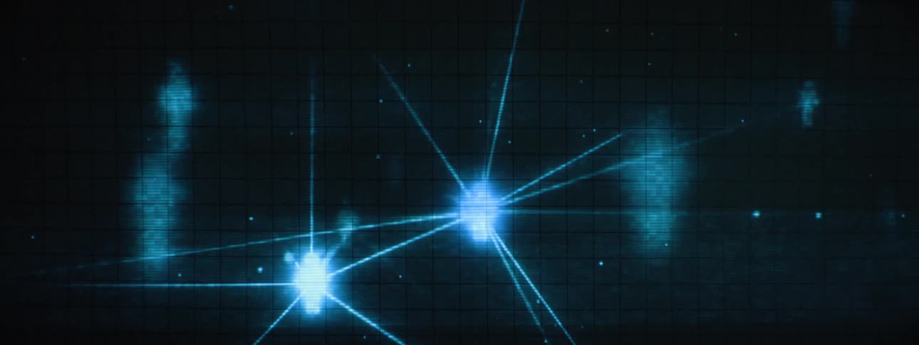 A dark gridded screen displays glowing blue stick figures connected by lines and dots illustrating a network or social connection concept