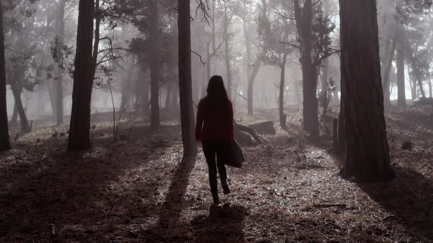 Woman skips through a forest