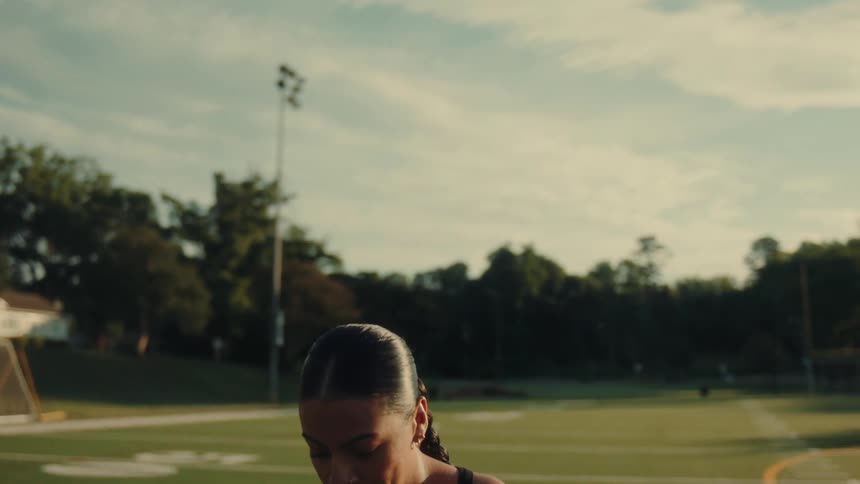 A woman exercises alone on an outdoor sports field during sunset