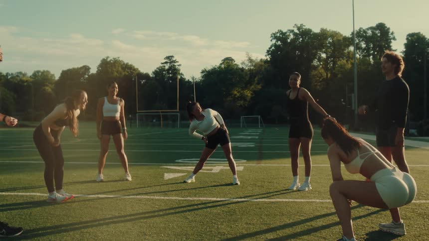 Group of young adults stretching on a football field during outdoor fitness at sunrise