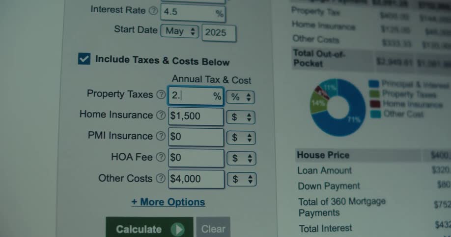 A mortgage calculator website displaying values for calculating mortgage prices