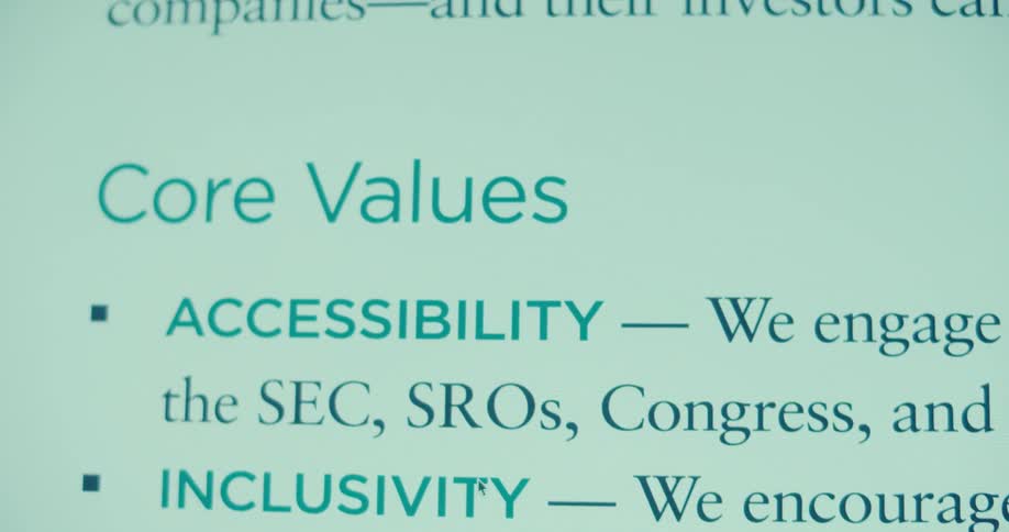A computer screen displaying a document outlining a companys core values and mission statement