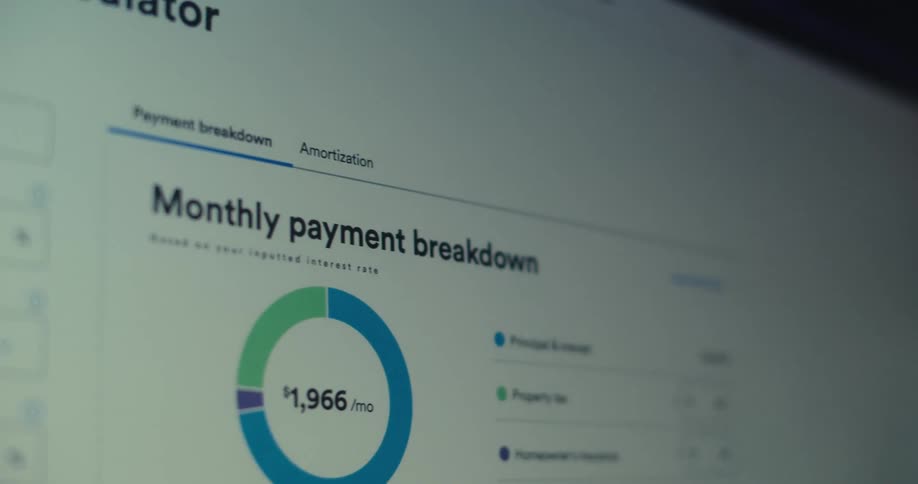 A closeup view of a digital mortgage calculator interface displays fields for home price down payment loan term and interest rate