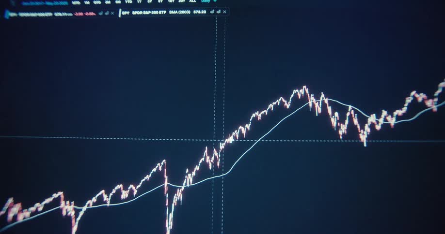 Closeup of a computer screen displaying realtime stock market charts and financial data