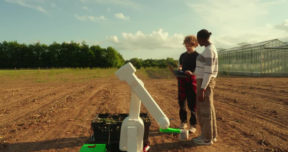 A man and woman talk by the agricultural robot