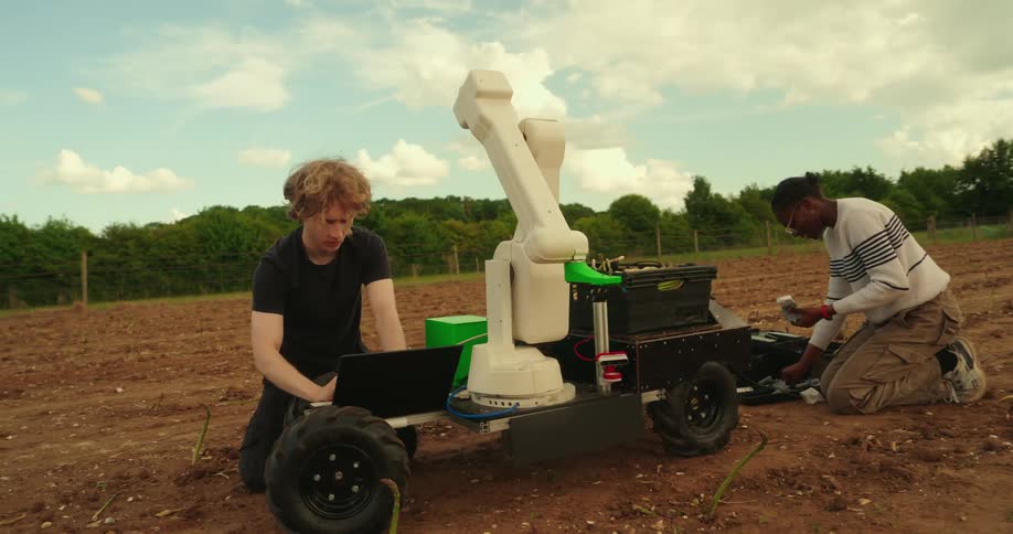 Two students working on an agriculture farm using technology and robots