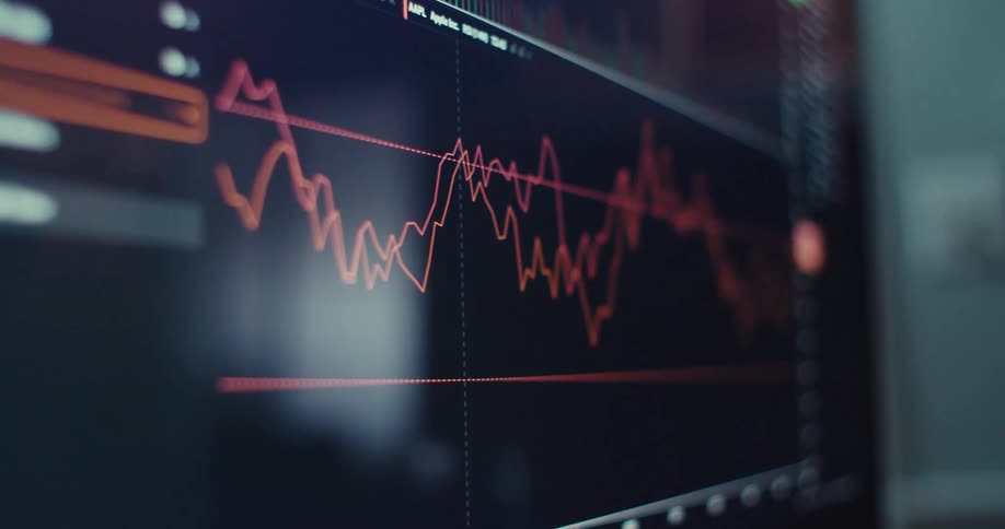 A close up view of a computer screen displays fluctuating orange and red line graphs against a dark background