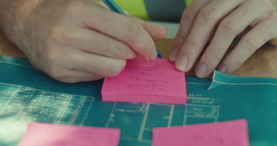 A mans hands are shown writing a note on pink sticky paper and sticking it on blueprints