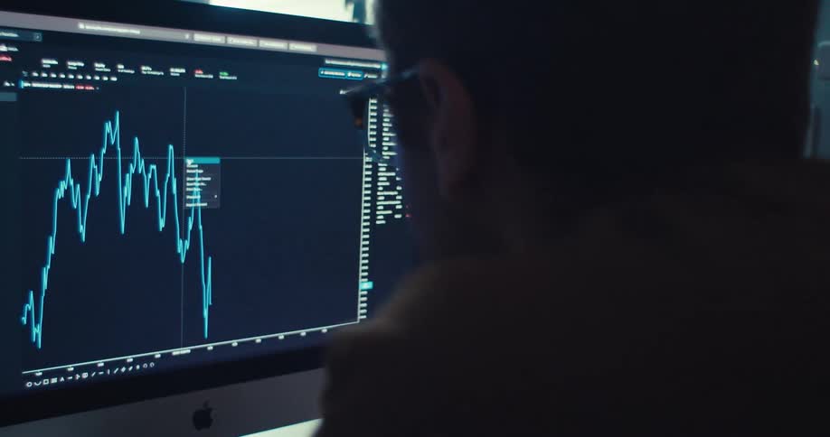 A man is examining a line graph on his computer