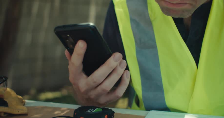 A construction worker sitting at a table outside looks at his phone