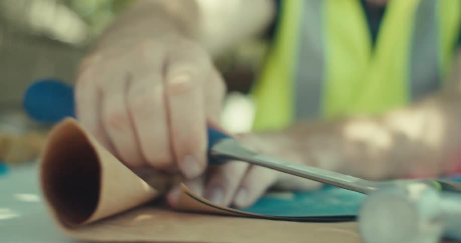 A man picking up a hammer and placing it on a piece of cardboard