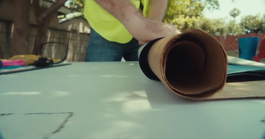 A construction worker rolls blueprints on a table outdoors under daylight