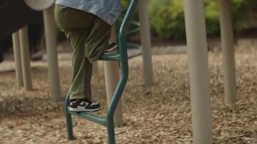A child climbs down a ladder on a playground