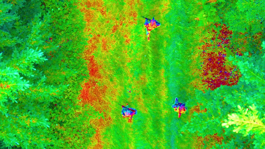 Aerial drone view of three armed people walking along a trail