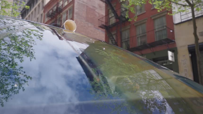 Coffee spills from a cup left on the roof of a car in a residential area during the daytime