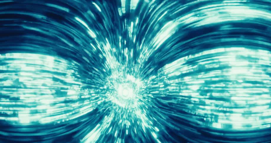 Bright blue and white streaks of light appear to flow rapidly through a fiber optic cable creating an abstract visual of data transmission