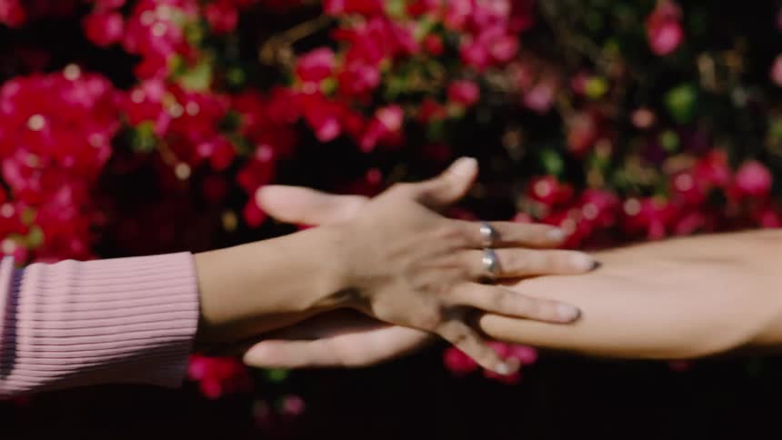 Close up of a couples hands as they perform a special handshake outdoors