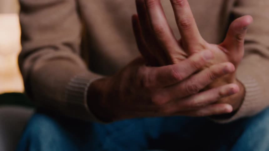A man rubs his hands together while seated