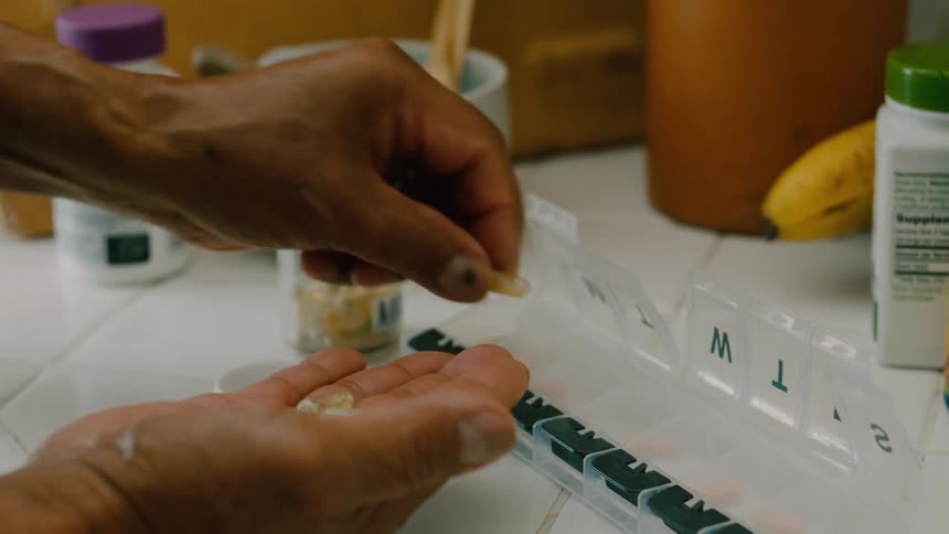 Lightcolored capsules spill from a clear glass bottle into an open palm as someone carefully places them into a pill organizer nearby