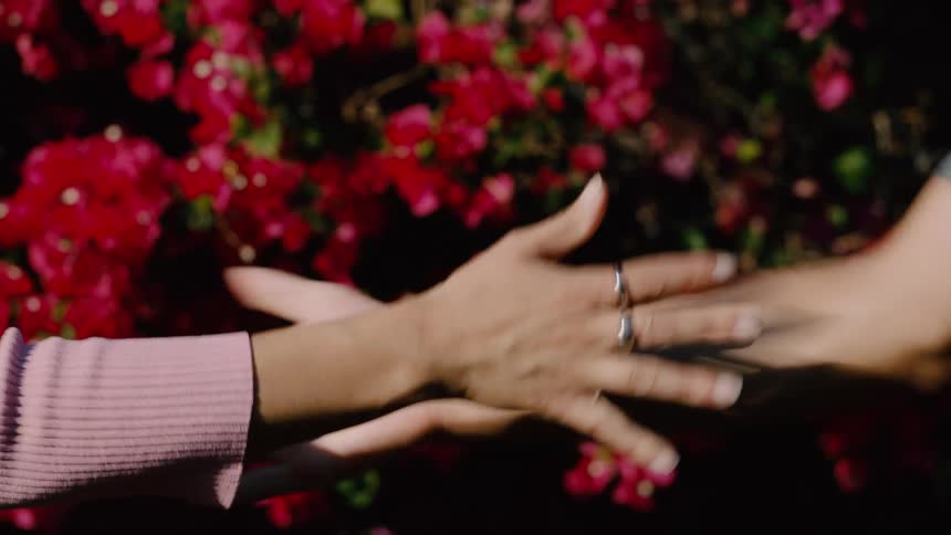 A man and woman slap hands and do a handshake
