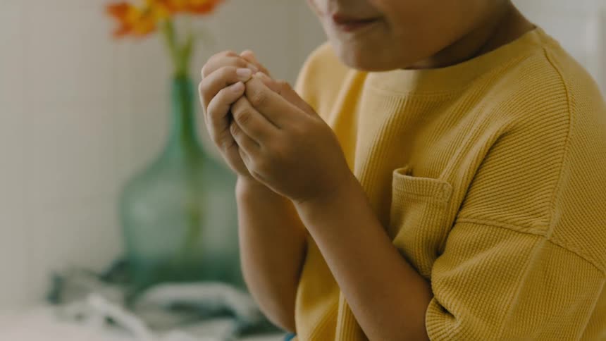 A kid sitting on a countertop is handed a toy which he brings to his nose to smell its fragrance