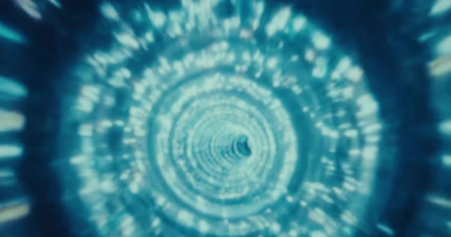 A glowing blue vortex spins inward with a radial blur creating a scifi tunnel effect