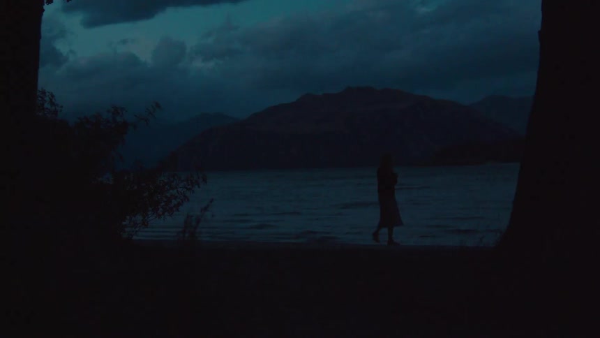 Silhouette of a woman walking on a beach at dusk