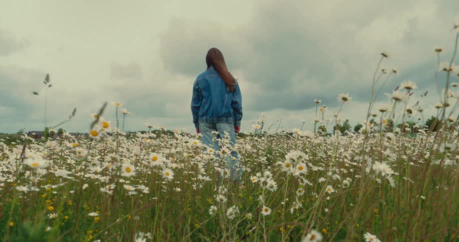 A person stands alone in a field of wildflowers under a cloudy sky