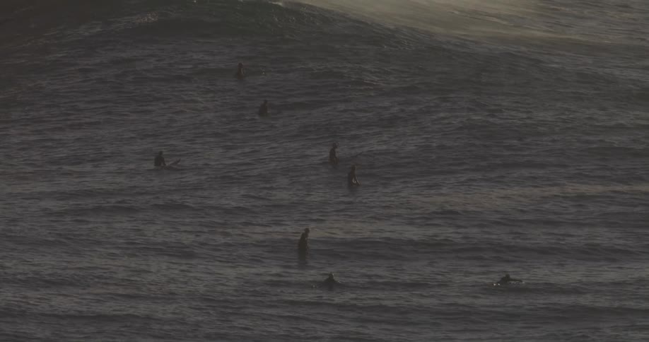 Surfers float on their surfboards in the rough water