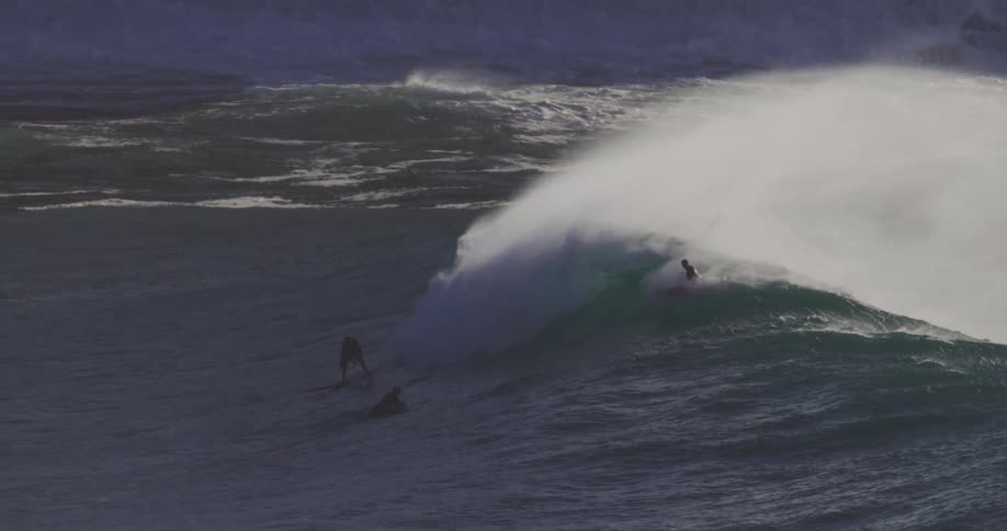Two surfers paddle to catch a wave but only one succeeds in standing up