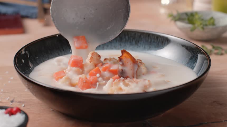 Creamy soup with vegetables and seafood is being poured into a black bowl
