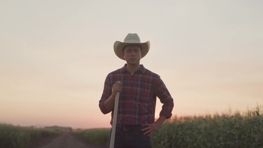 A man is standing on a farm at sunrise