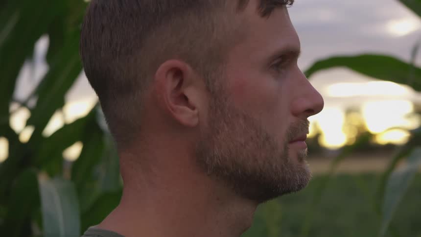 A man stands in a corn field and opens his eyes