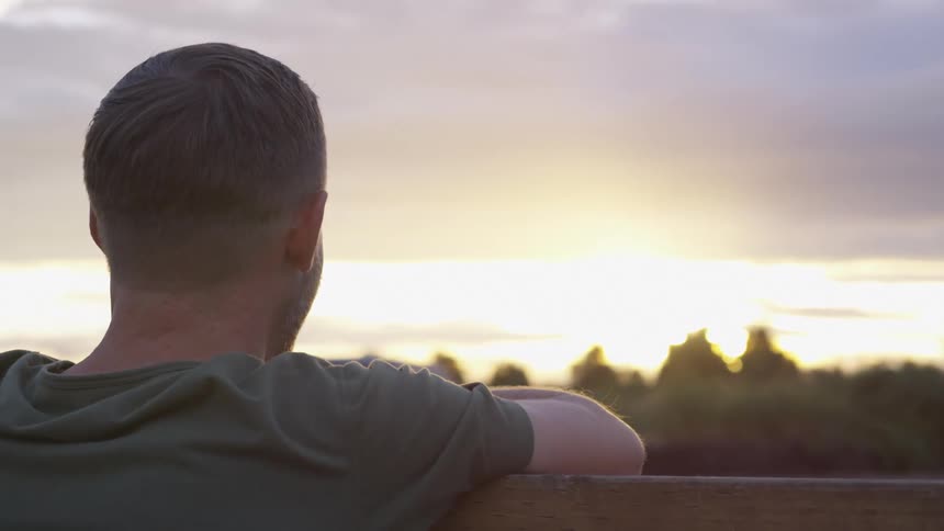 Back of a man watching the sunset on the horizon over the trees