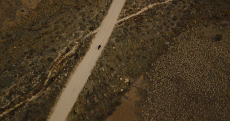 A motorcycle rides down the winding road