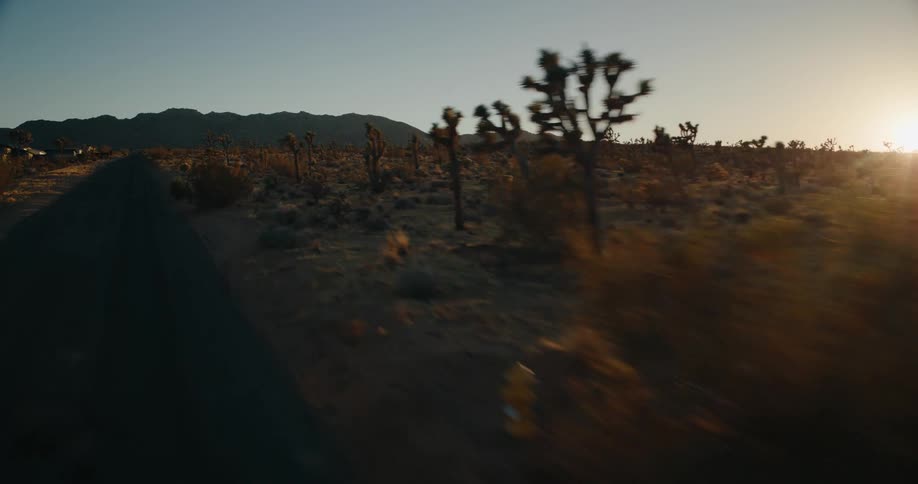 A long trail through the desert leads to a mountain range