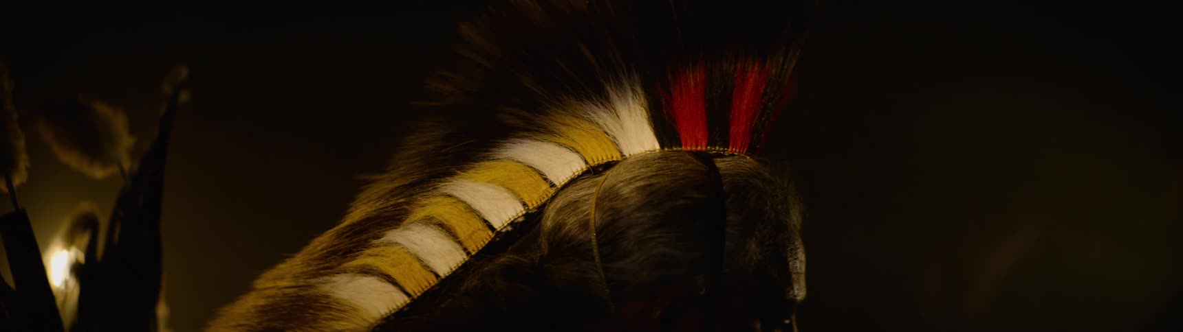 A man with a feathered headpiece is moving in the dark