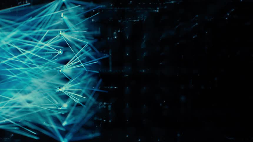 Side Following Shot of a Blue AI Neural Network - Abstract Data Flow - Machine learning - Nodes and Lines