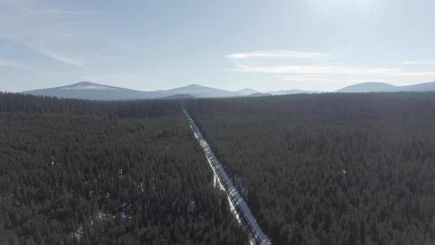 Aerial shot of a long straight highway surrounded by dense forest and mountains on the horizon