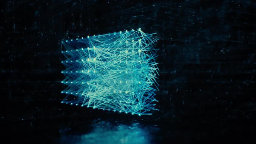 Orbit Shot of a Blue AI Neural Network - Abstract Data Flow - Machine learning - Nodes and Lines