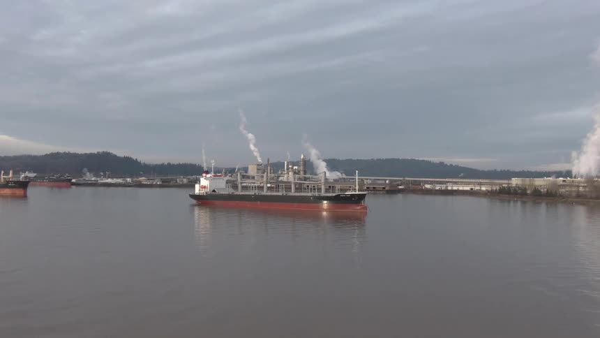 Cargo ships and industrial facilities by a calm riverside under a cloudy sky