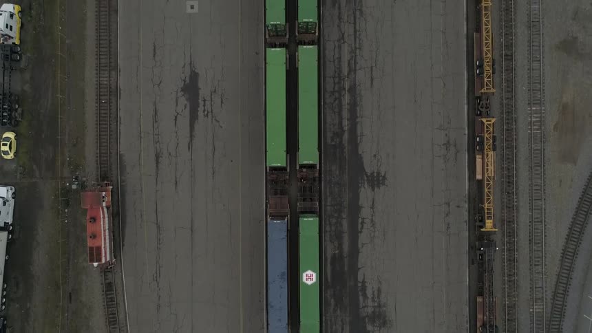 Shipping containers are on the tracks