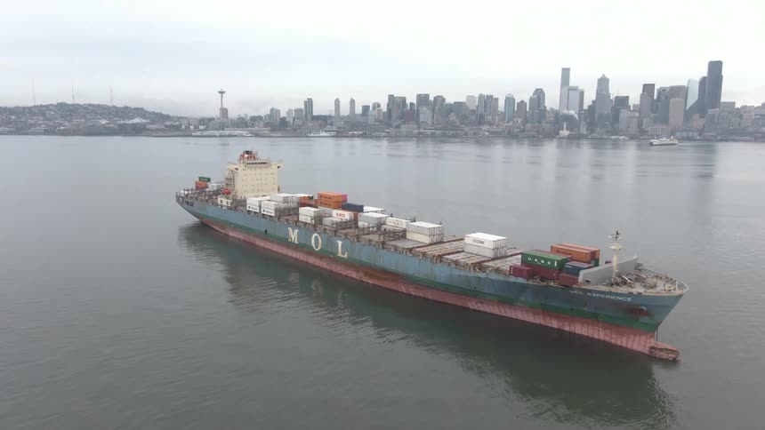 A large cargo ship floats on calm water with a city skyline and distant mountains under a cloudy sky