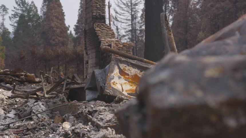 A brick chimney stands alone surrounded by the ashy remnants of a building next to a forest that has been destroyed by a fire