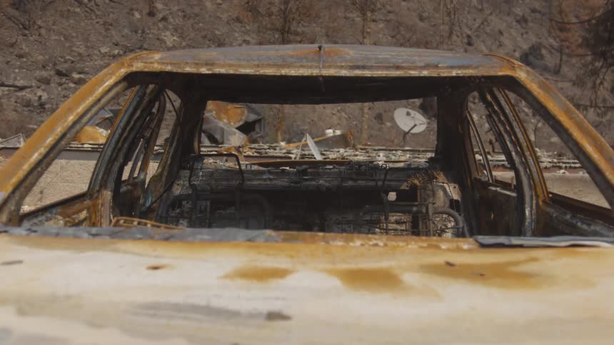 A slow pan forward shows a burntout car resting on a street surrounded by scorched trees and debris in a fireravaged residential area