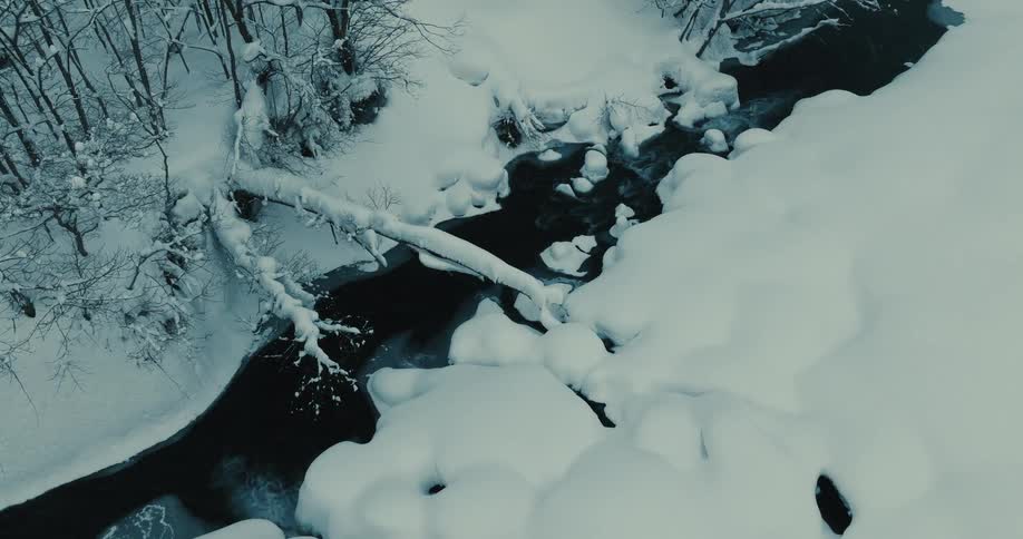 A river runs through a snowy forest