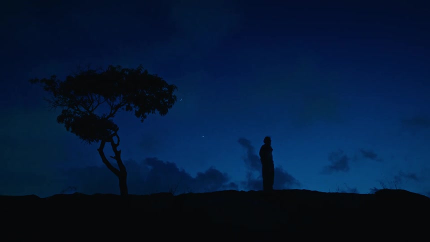 A solitary figure stands silhouetted against a deep blue dusk sky with a crescent moon looking towards a lone gnarled tree on the horizon